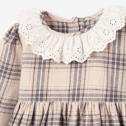Neutral Plaid Eyelet Collared Dress + Bloomer