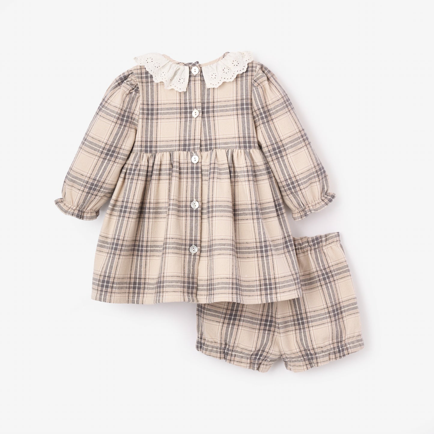 Neutral Plaid Eyelet Collared Dress + Bloomer