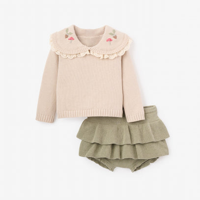 Mushroom Embroidered Collar Sweater + Skirt Set