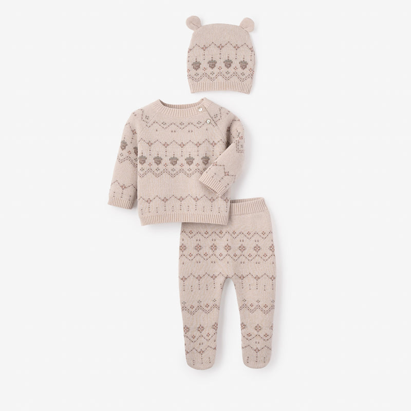 Acorn Fairisle Sweater, Footed Pant + Hat Set 3pc