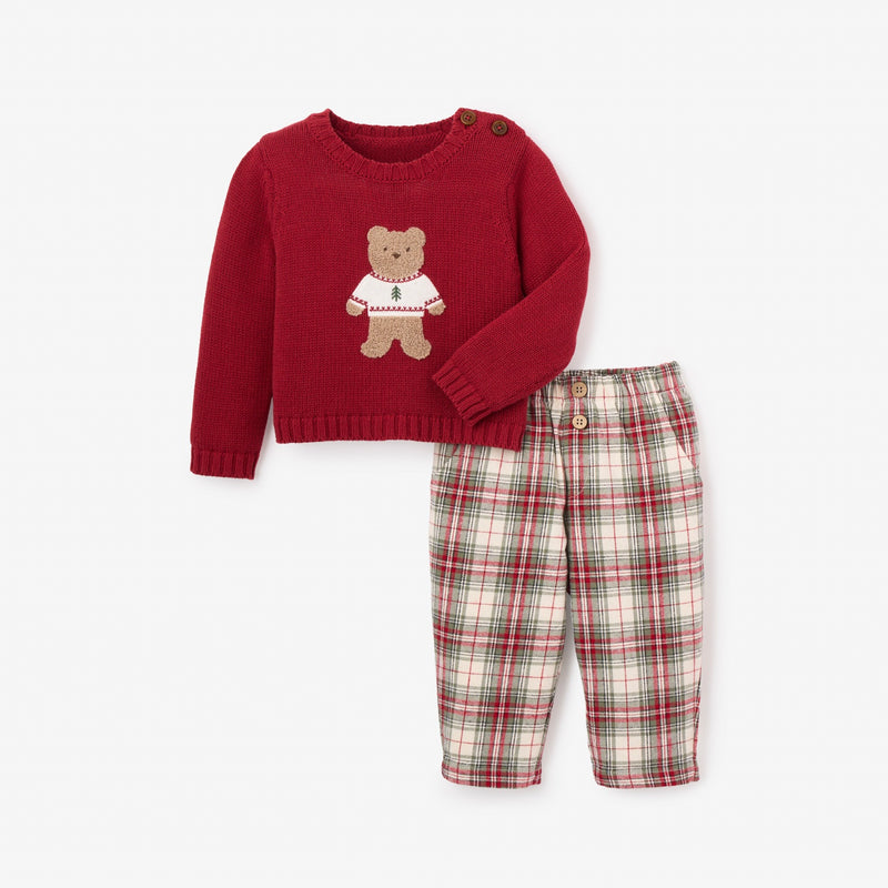 Bear Sweater + Winter Tartan Pant Set