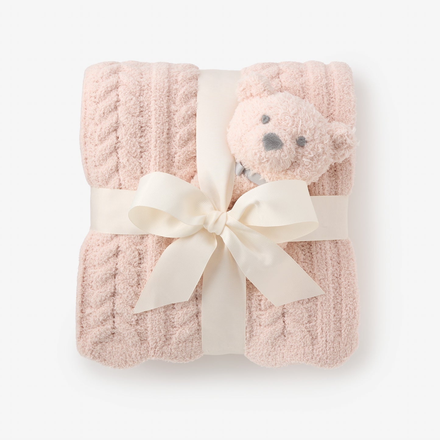 Pale Pink Cable Feather Knit Baby Blanket + Rattle Gift Set