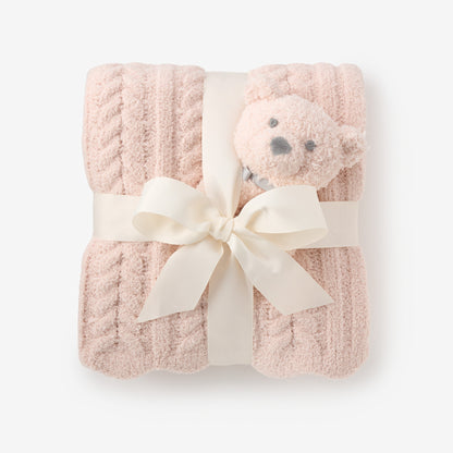 Pale Pink Cable Feather Knit Baby Blanket + Rattle Gift Set
