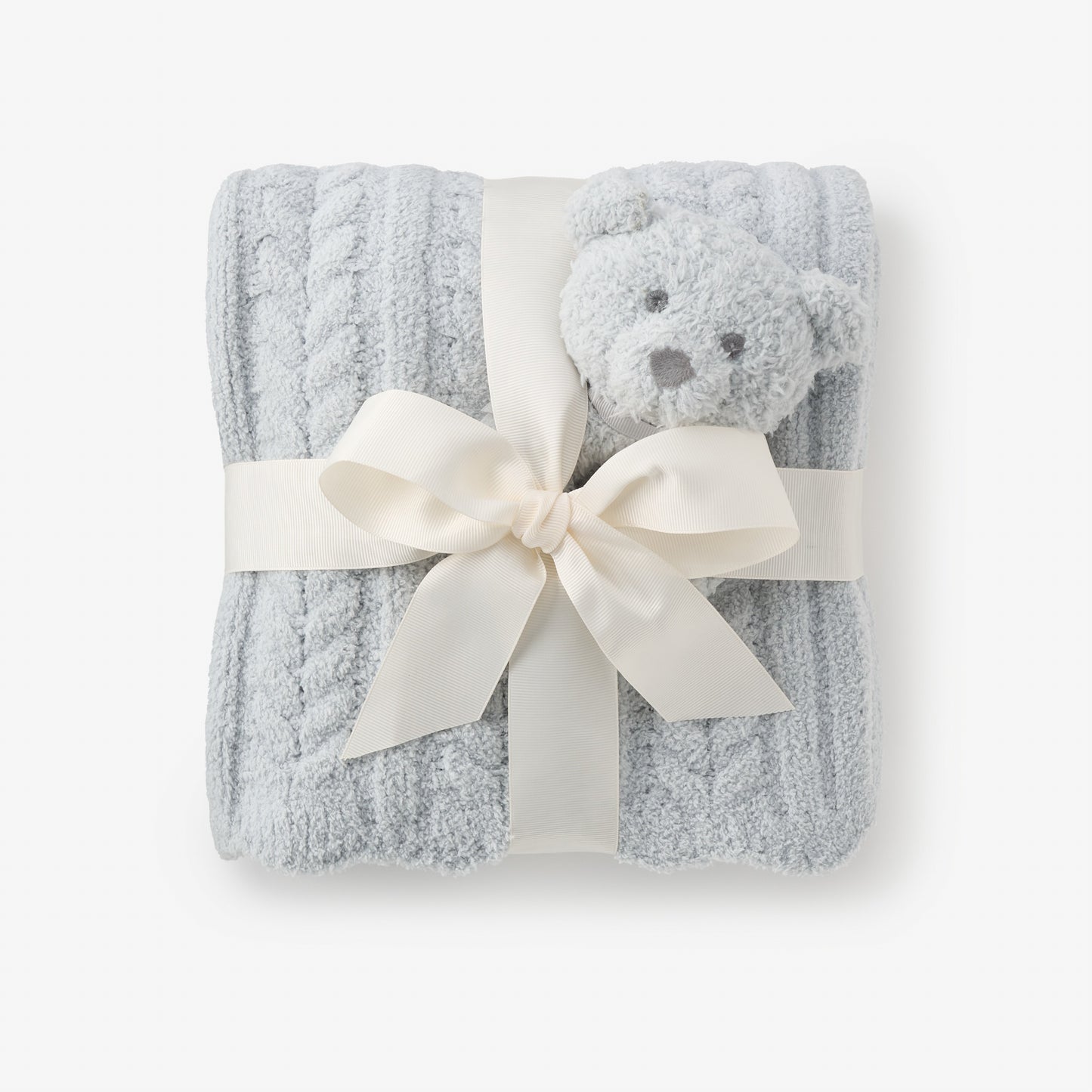 Pale Blue Cable Feather Knit Baby Blanket + Rattle Gift Set