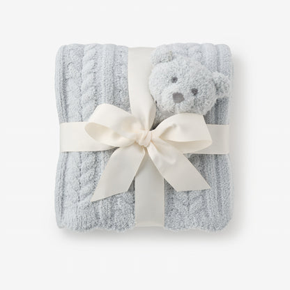 Pale Blue Cable Feather Knit Baby Blanket + Rattle Gift Set