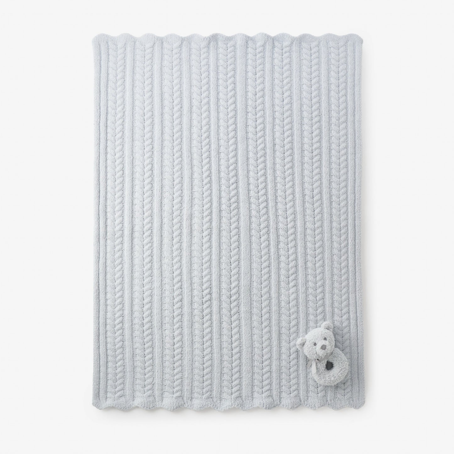 Pale Blue Cable Feather Knit Baby Blanket + Rattle Gift Set