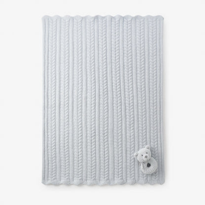 Pale Blue Cable Feather Knit Baby Blanket + Rattle Gift Set