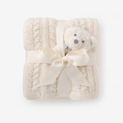 Cream Cable Feather Knit Baby Blanket + Rattle Gift Set