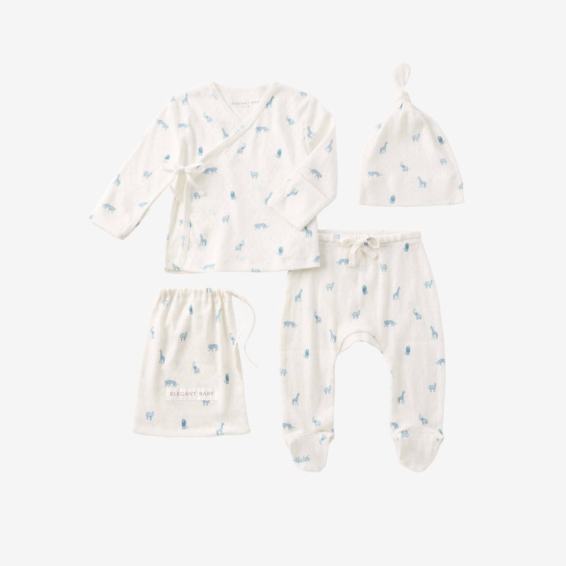 Blue Safari Print Organic Cotton Pointelle Layette 3 Pc Gift Set