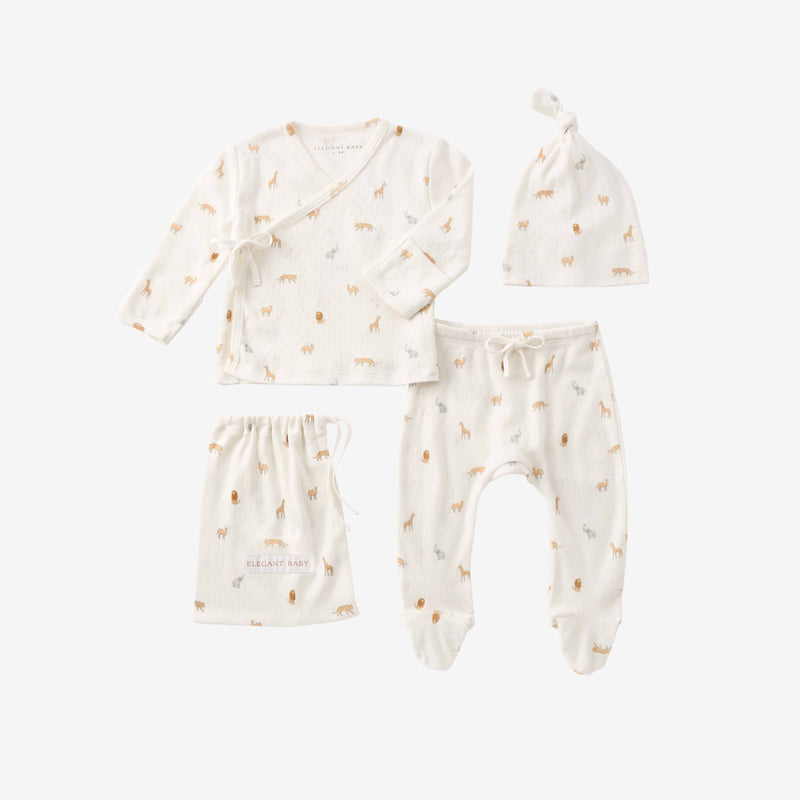 Neutral Safari Print Organic Cotton Pointelle Layette 3 Pc Gift Set
