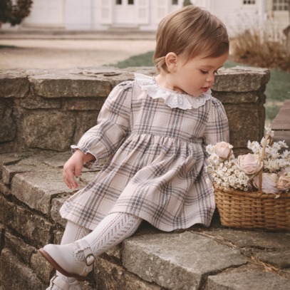Neutral Plaid Eyelet Collared Dress + Bloomer