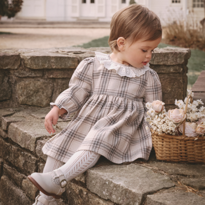 Neutral Plaid Eyelet Collared Dress + Bloomer