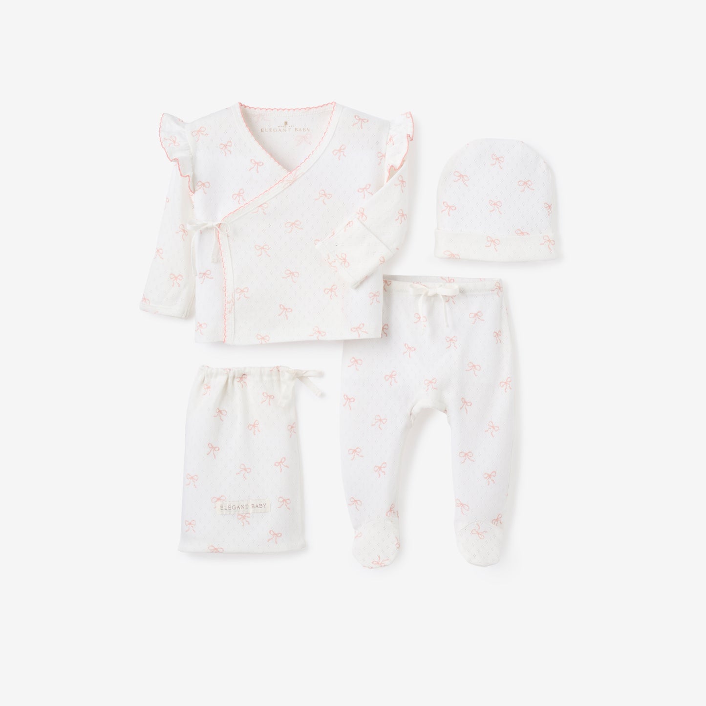 Pink Bow Organic Cotton Pointelle 3pc Bag Set