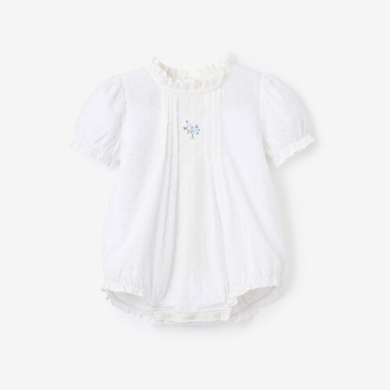 Swiss Dot Pintucked Bubble w/ Rose Embroidery