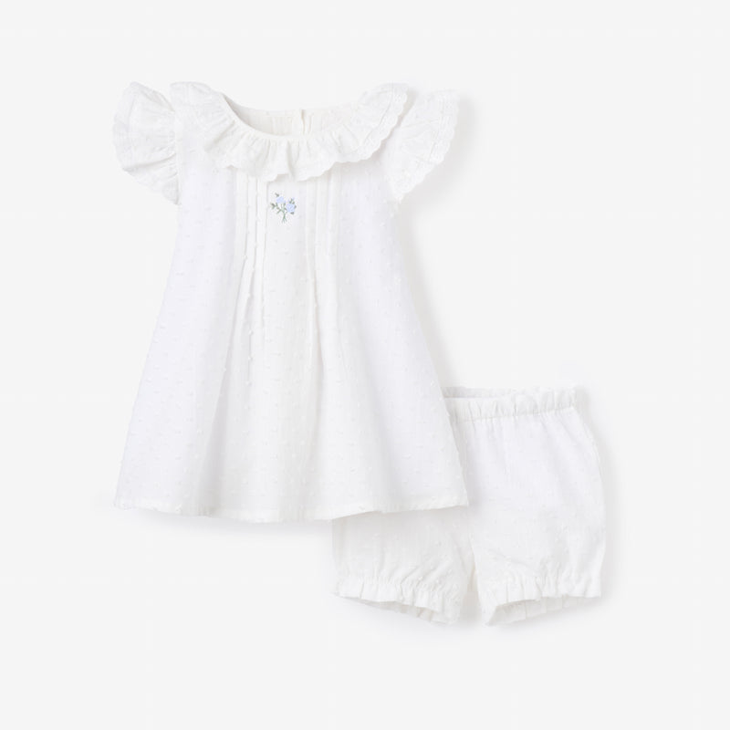 Swiss Dot Pintucked Dress w/ Rose Embroidery