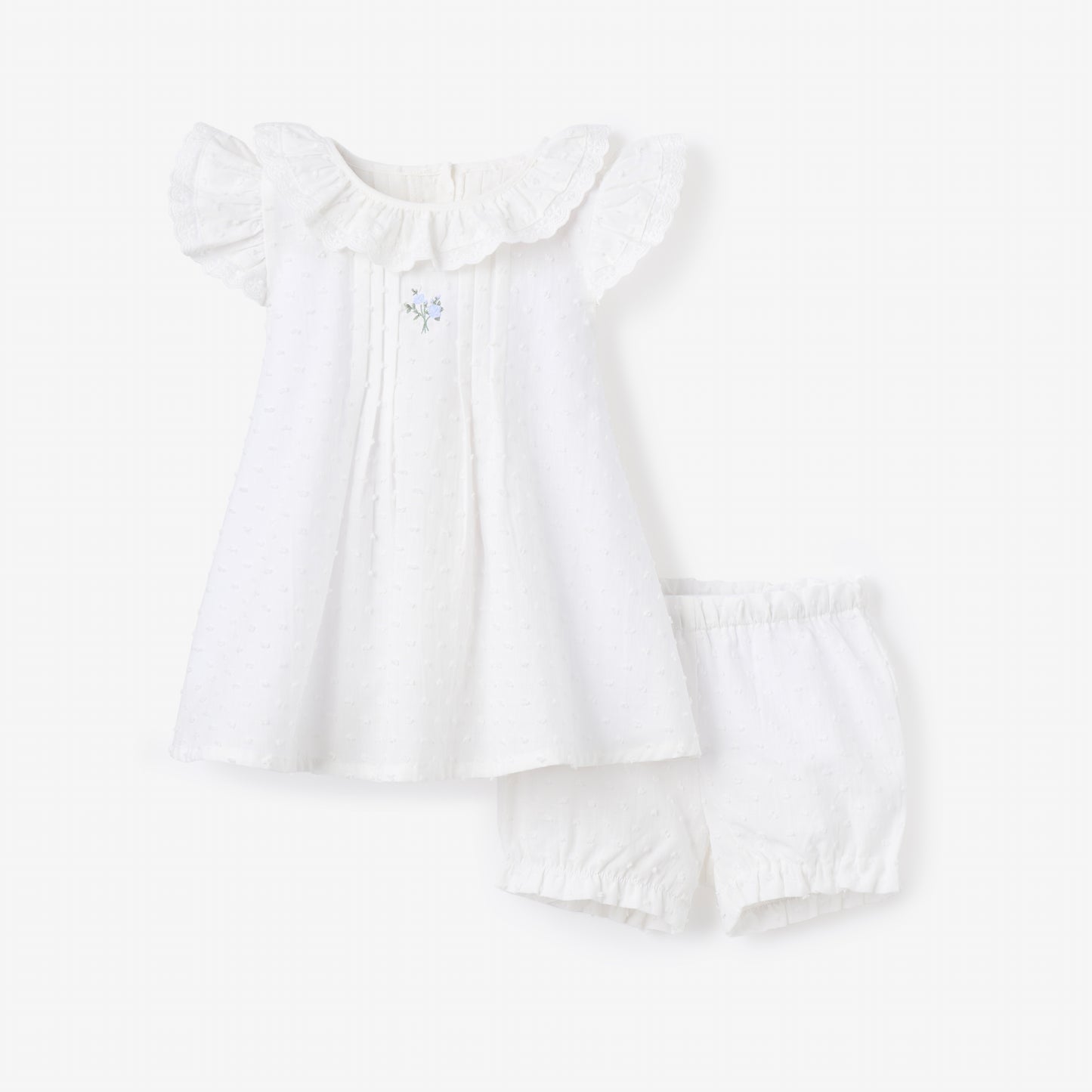 Swiss Dot Pintucked Dress w/ Rose Embroidery