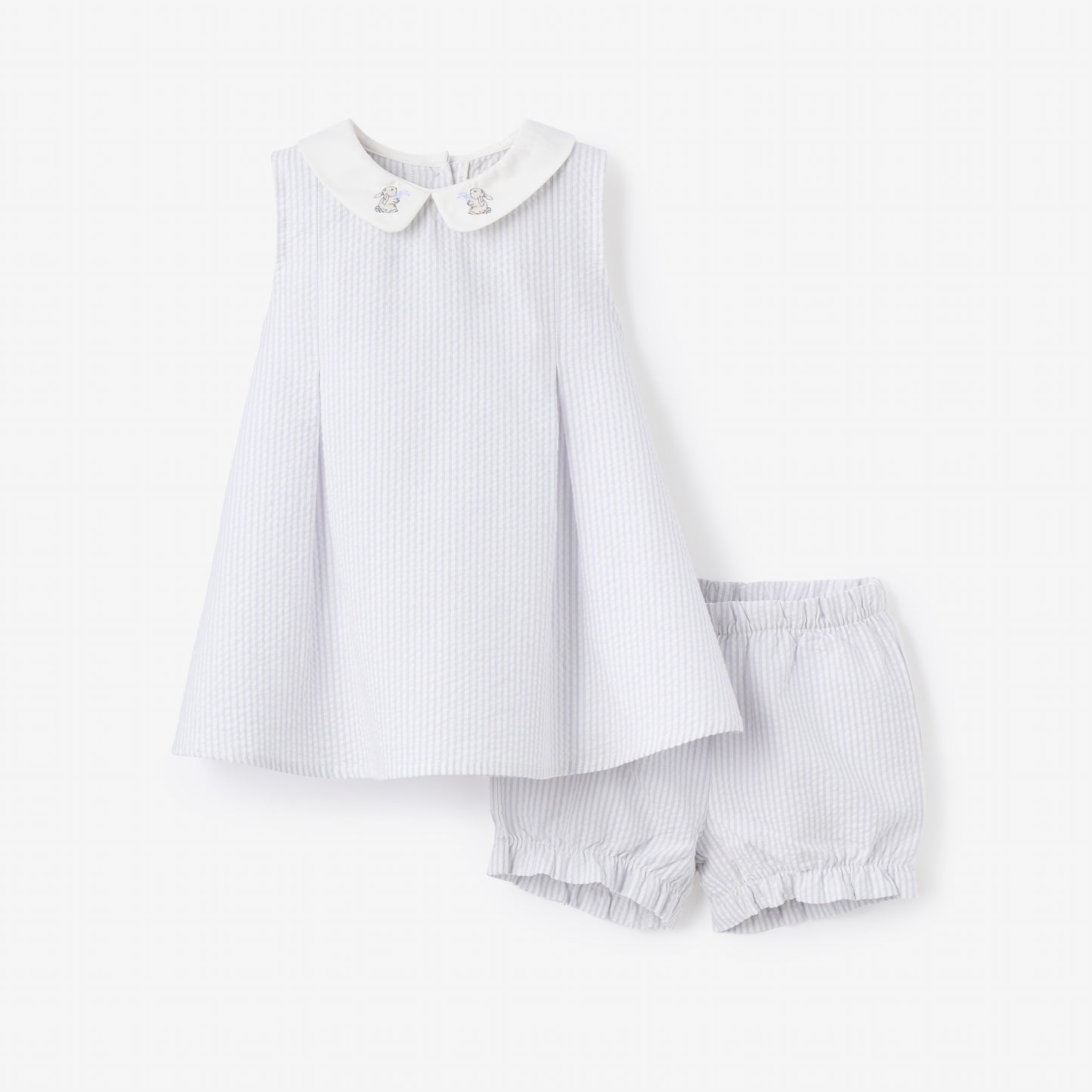 Blue Seersucker Embroidered Bunny Dress