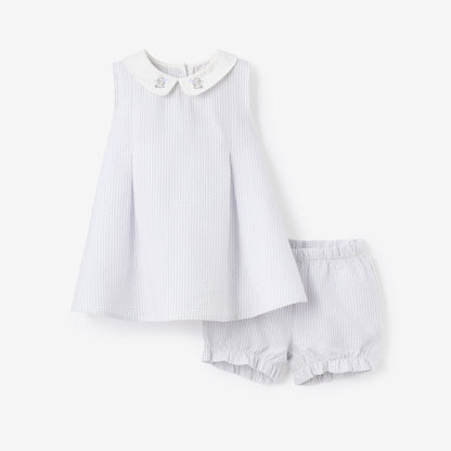 Blue Seersucker Embroidered Bunny Dress