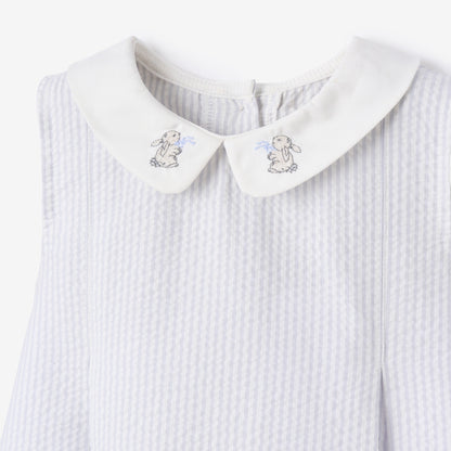 Blue Seersucker Embroidered Bunny Dress