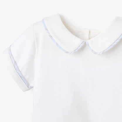 Blue Gray Plaid Trimmed Collar Bodysuit & Short Set