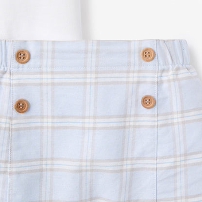 Blue Gray Plaid Trimmed Collar Bodysuit & Short Set