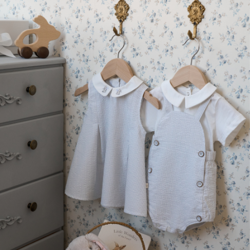 Blue Seersucker Embroidered Bunny Dress