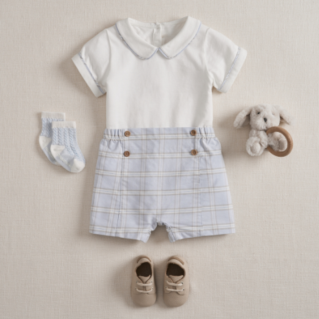 Blue Gray Plaid Trimmed Collar Bodysuit & Short Set