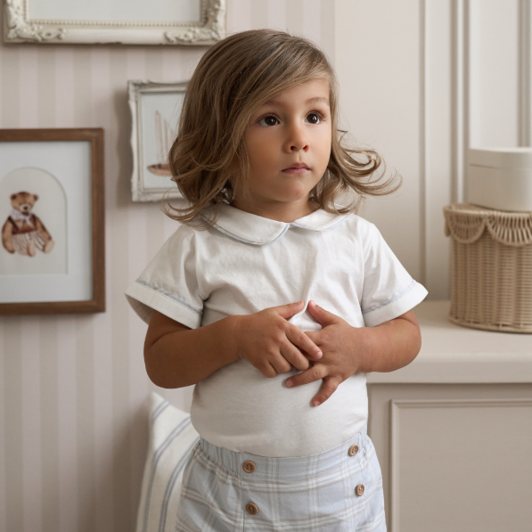Blue Gray Plaid Trimmed Collar Bodysuit & Short Set