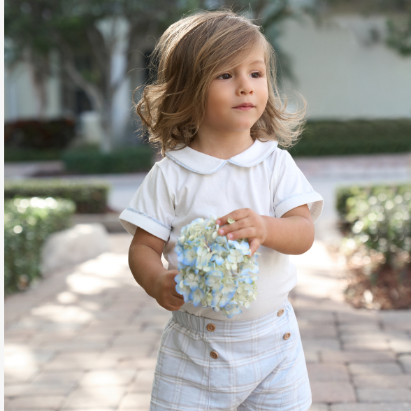Blue Gray Plaid Trimmed Collar Bodysuit & Short Set