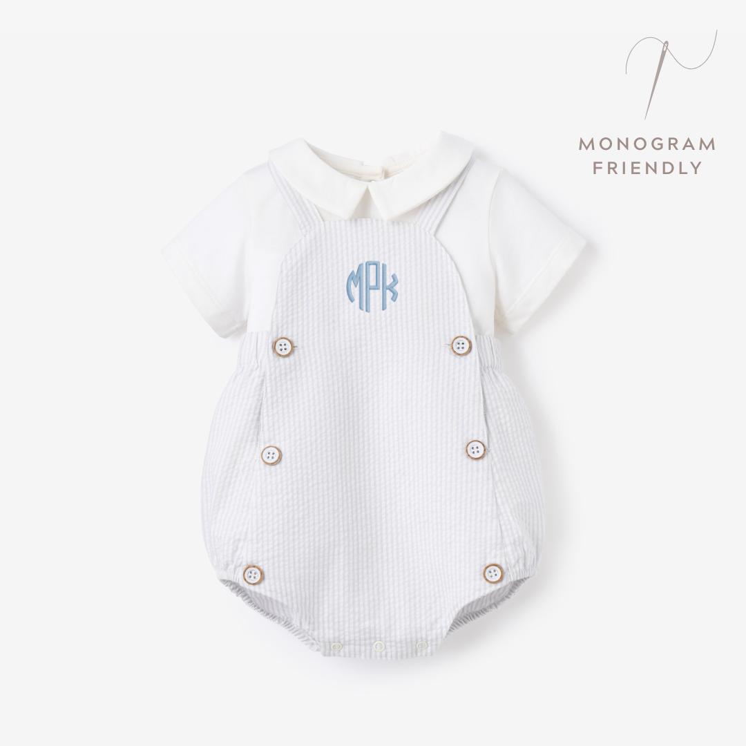 Blue Seersucker Overall Bubble + Collared Shirt