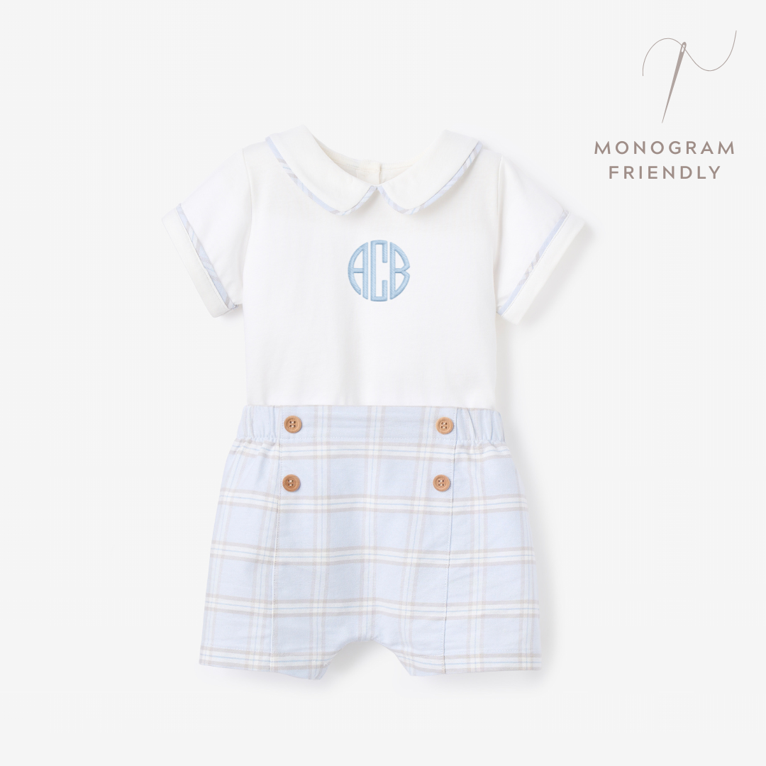 Blue Gray Plaid Trimmed Collar Bodysuit & Short Set