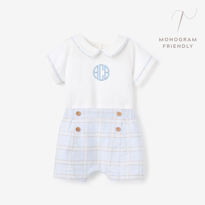 Blue Gray Plaid Trimmed Collar Bodysuit & Short Set