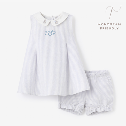 Blue Seersucker Embroidered Bunny Dress