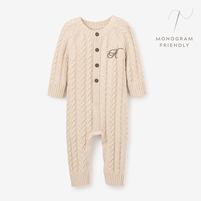 Wheat Horseshoe Cable Knit Baby Jumpsuit