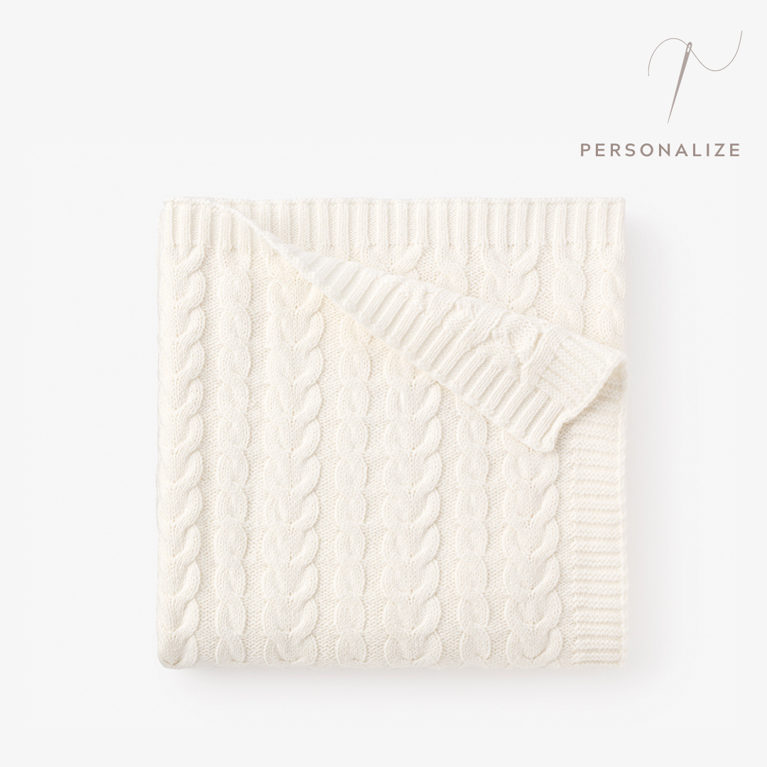 Whisper White Horseshoe Cable Knit Baby Blanket