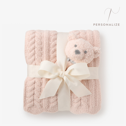 Pale Pink Cable Feather Knit Baby Blanket + Rattle Gift Set