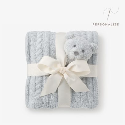 Pale Blue Cable Feather Knit Baby Blanket + Rattle Gift Set