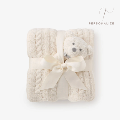 Cream Cable Feather Knit Baby Blanket + Rattle Gift Set