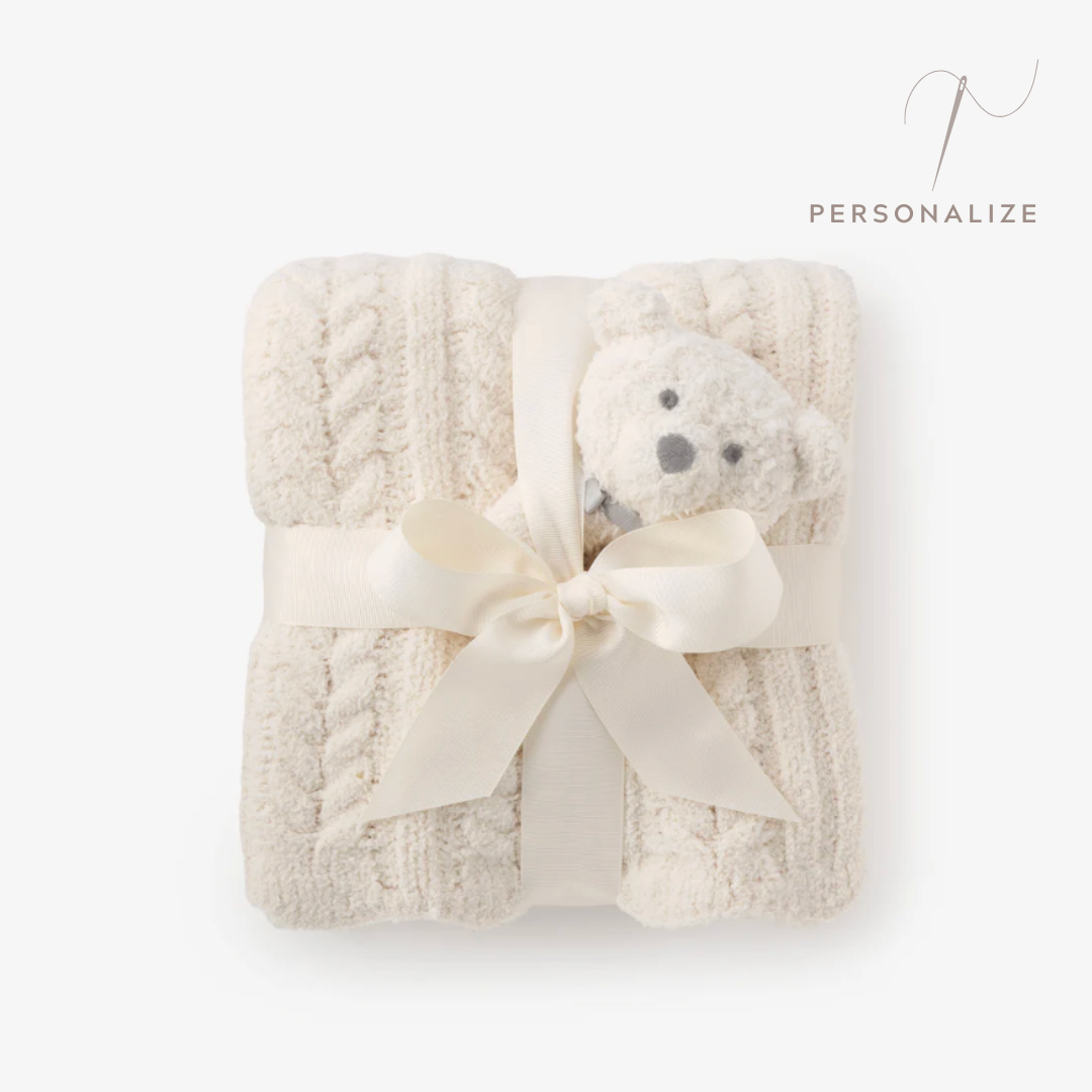 Cream Cable Feather Knit Baby Blanket + Rattle Gift Set