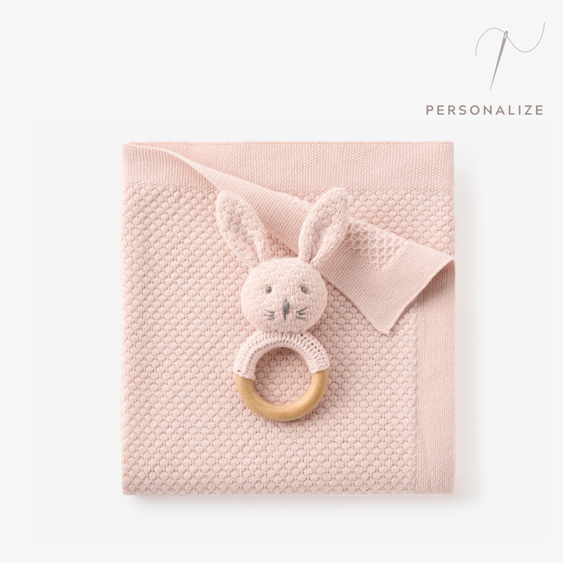 Blush Textured Knit Blanket + Bunny Ring Rattle Gift Set