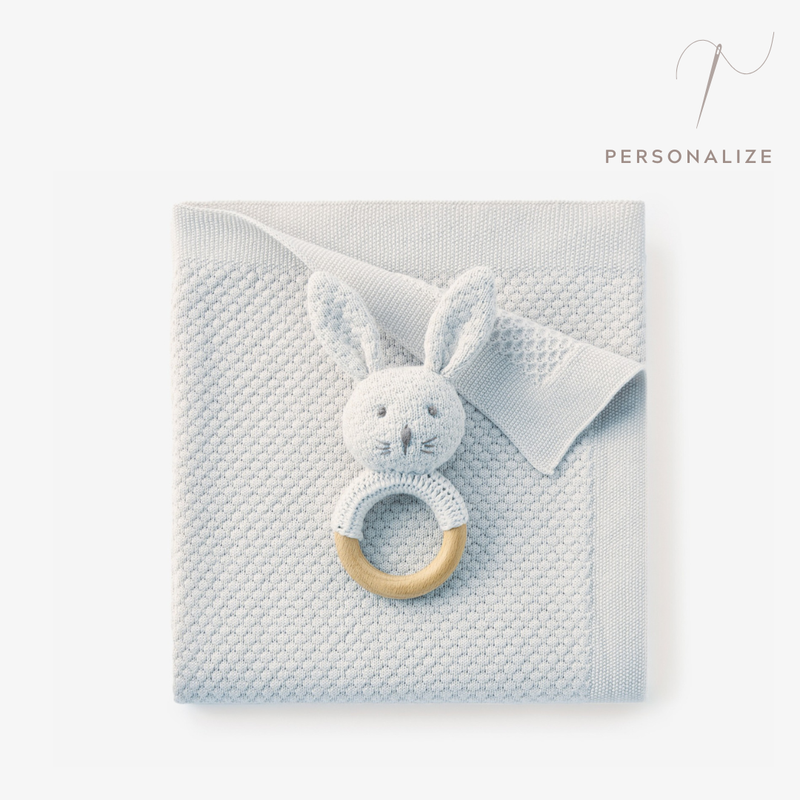 Pale Blue Textured Knit Blanket + Bunny Ring Rattle Gift Set