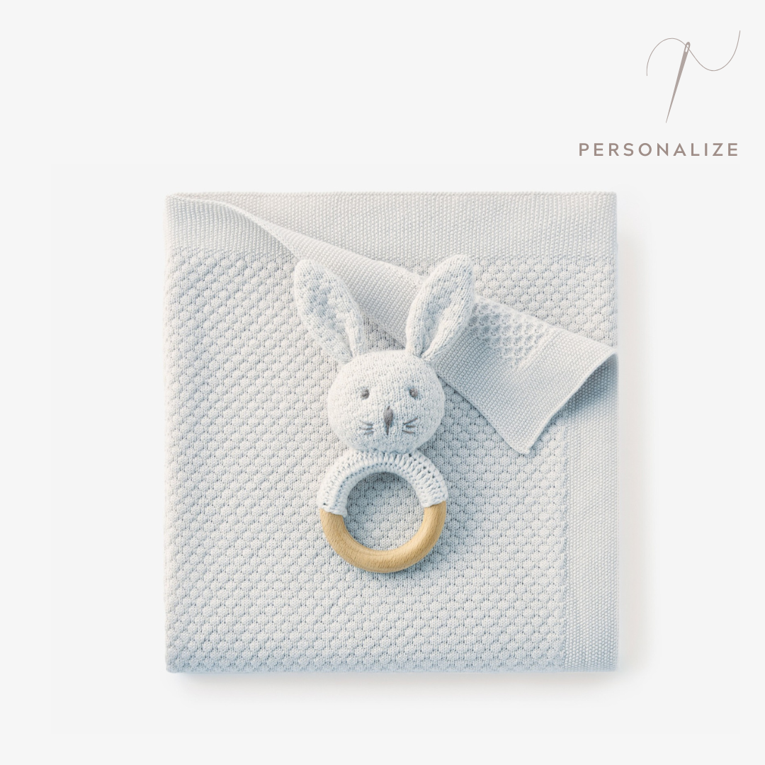 Pale Blue Textured Knit Blanket + Bunny Ring Rattle Gift Set