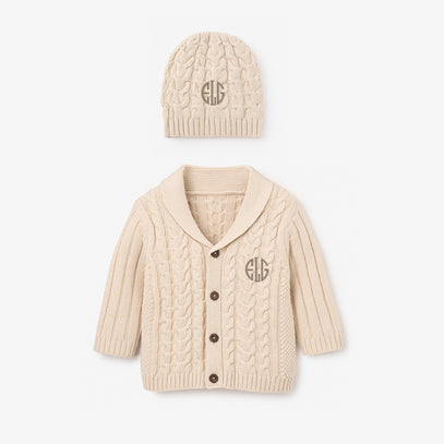 Wheat Horseshoe Cable Knit Cardigan & Hat Baby Boxed Gift Set