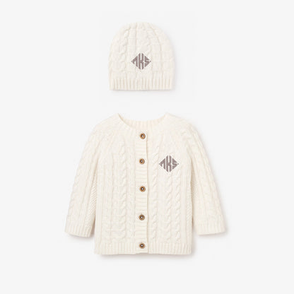 Whisper White Horseshoe Cable Knit Cardigan & Hat Baby Boxed Gift Set
