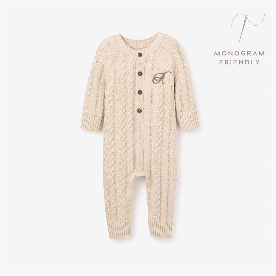 Wheat Horseshoe Cable Knit Baby Jumpsuit