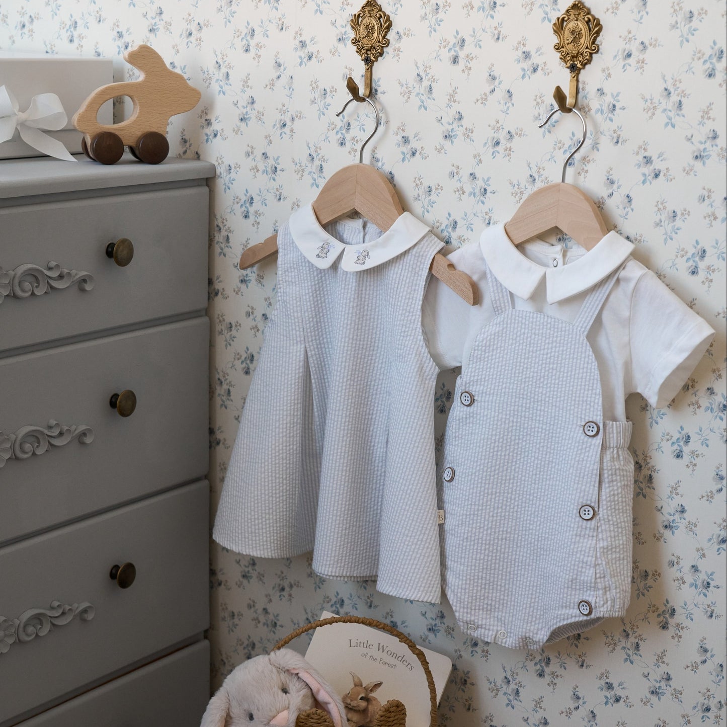 Blue Seersucker Embroidered Bunny Dress