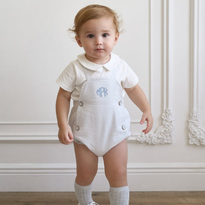 Blue Seersucker Overall Bubble + Collared Shirt