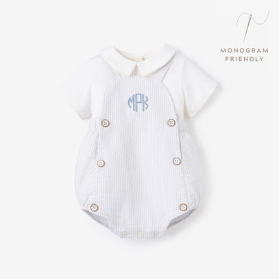 Blue Seersucker Overall Bubble + Collared Shirt