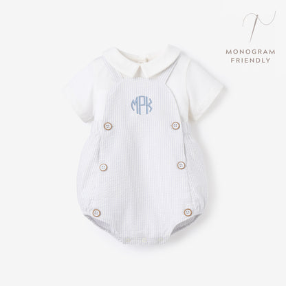 Blue Seersucker Overall Bubble + Collared Shirt