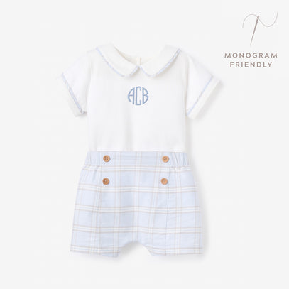 Blue Gray Plaid Trimmed Collar Bodysuit & Short Set